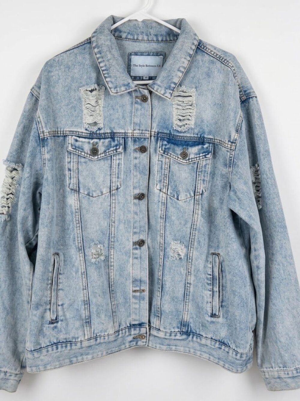 The Style Between Us Distressed Denim Button Up Jacket